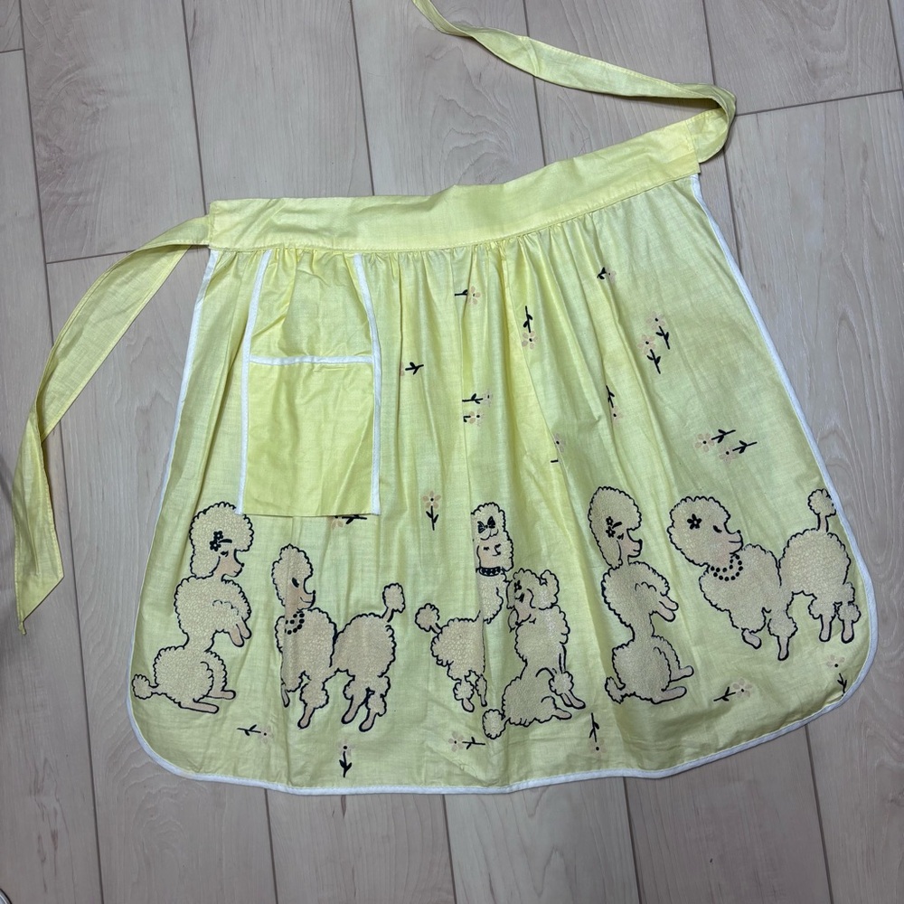 Vintage Handmade Bright Yellow Apron With Pink Poodles & Flowers